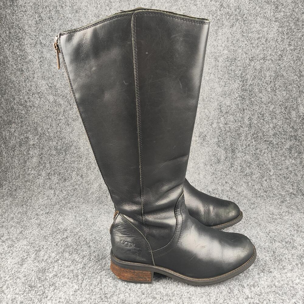 UGG Boots Womens Size 6 Black Leather Knee High Riding Back Zip Lined 1006038